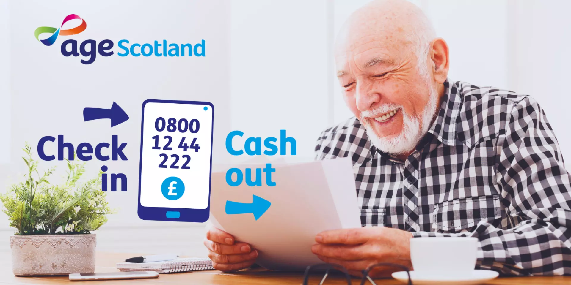 Check in cash out - older man with graphic